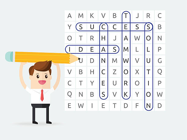 businessman playing word search puzzle businessman playing word search puzzle and found teamwork, ideas, solution, chances and success word game stock illustrations