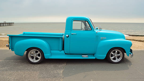 Classic Light Blue  Chevrolet 3100 pickup truck Felixstowe, Suffolk, England - August 27, 2016: Classic Light Blue  Chevrolet 3100 pickup truck on seafront promenade with sea in background Chevrolet stock pictures, royalty-free photos & images