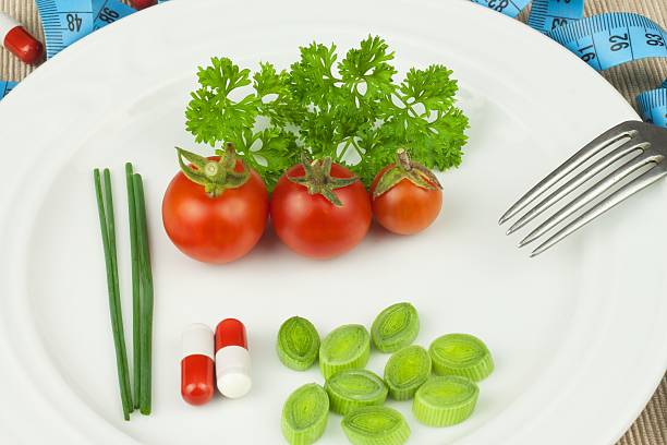 Strict diet against obesity. Dietary vegetable diet.