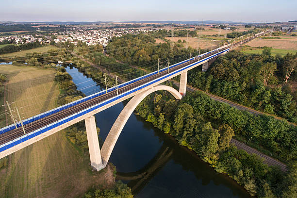 istock Train bridge over River Lahn, Germany - aerial view 606008120