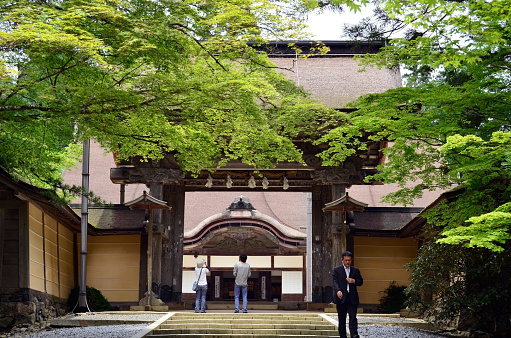 Mount Koya, Japan - June 13, 2011: Visitors at the entrance to Kongobu-ji temple