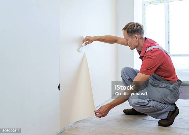 Trabajador Pegando Papeles Pintados Foto de stock y más banco de imágenes de Papel de pared - Papel de pared, Pegamento, Reparar