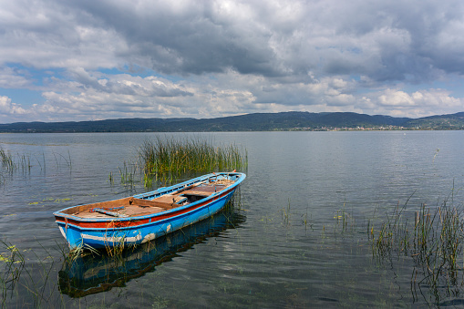 Boat on the lake in nature, a beautiful view in peace, forest, summer,