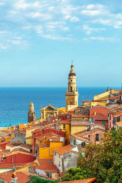 Riviera town Menton view with sea and church