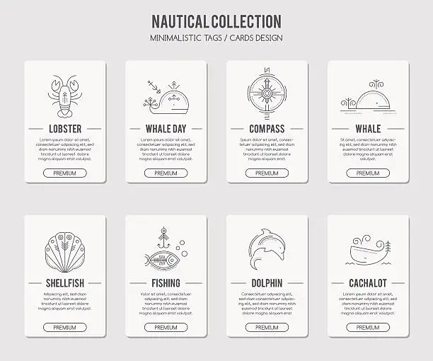 Vector illustration of Vector card template with thin line style illustration marine animals