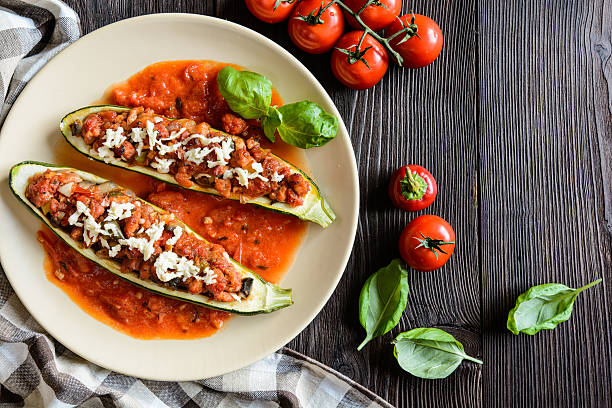 istock Stuffed zucchini with meat and vegetable 606020520