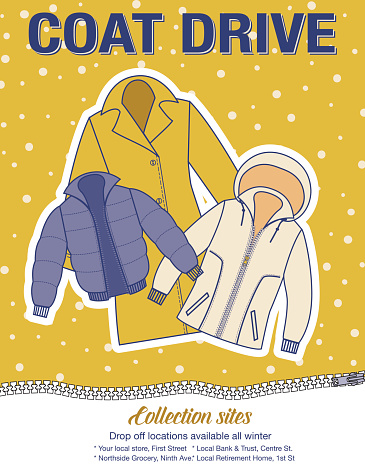 Winter Coat Drive Charity Tag template. A colorful assortment of coats. Clothing collection or charity drive.