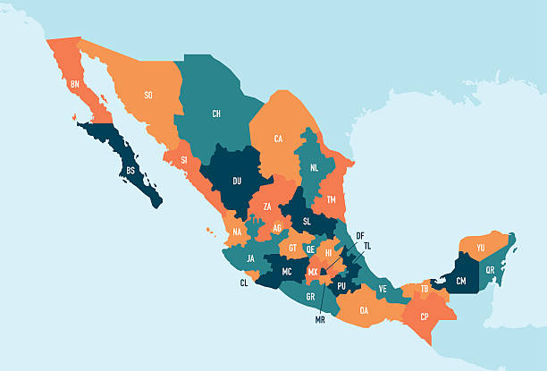 Mexico Map Colorful stylized vector map of Mexico with state name abbreviations labels. States can be individually selected. morelos state stock illustrations
