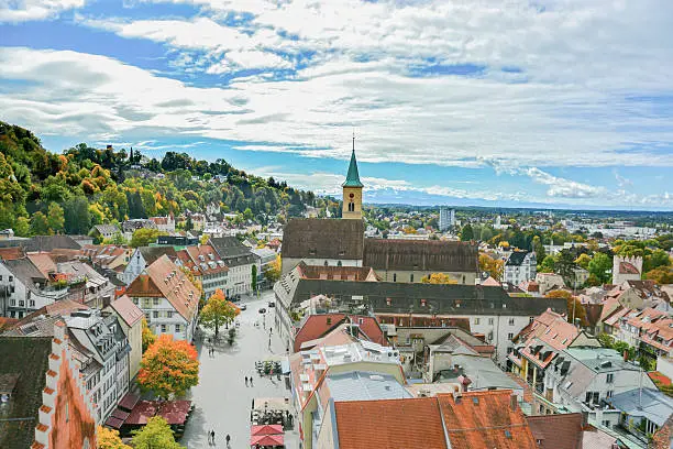 A scenery of Ravensburg town, town with lots of towers, in the southern of Germany with cloudy blue sky.