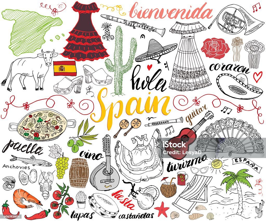 Spanien handgezeichnete Skizze Set Vektor-Illustration - Lizenzfrei Spanien Vektorgrafik