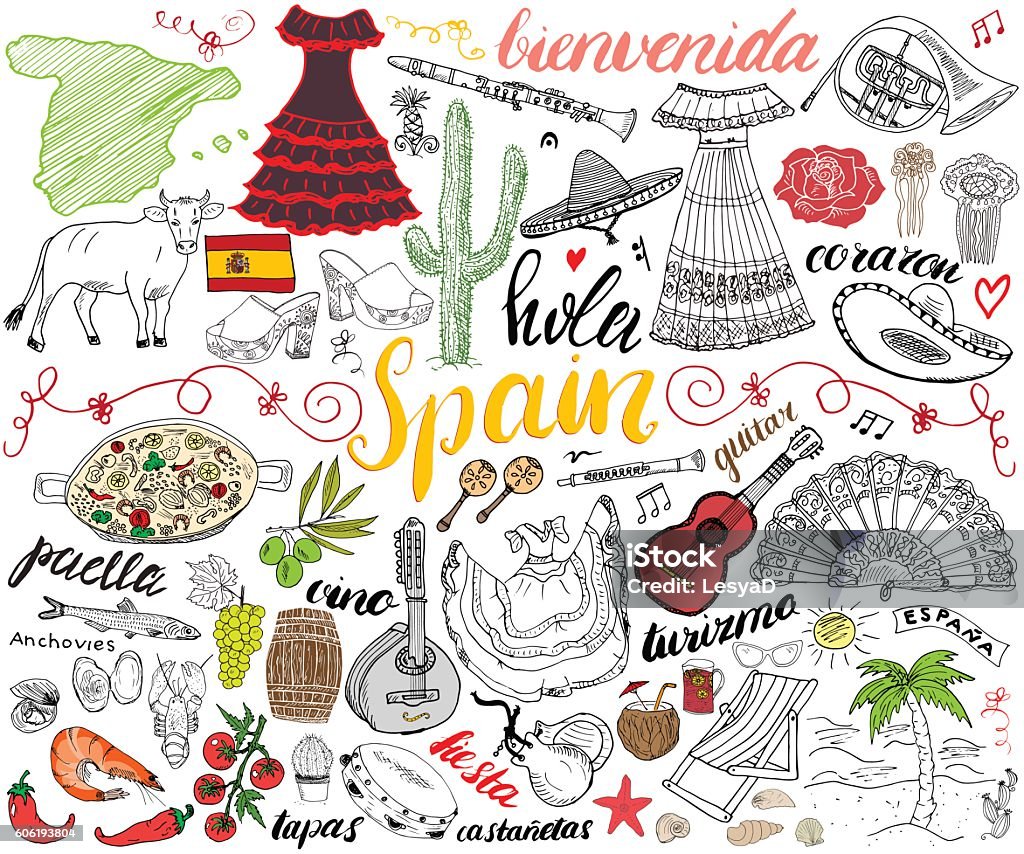 Espagne dessine à la main jeu d’esquisses illustration vectorielle - clipart vectoriel de Espagne libre de droits