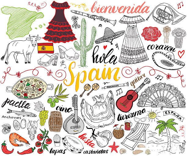ilustrações, clipart, desenhos animados e ícones de espanha desenhado à mão esboço definir ilustração vetorial - espanha