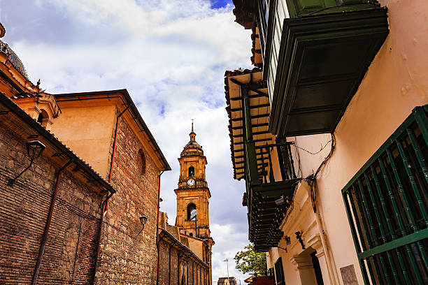 bogota, colombia: looking upwards at belfry of cathedral primada - architecture brick cathedral christianity imagens e fotografias de stock