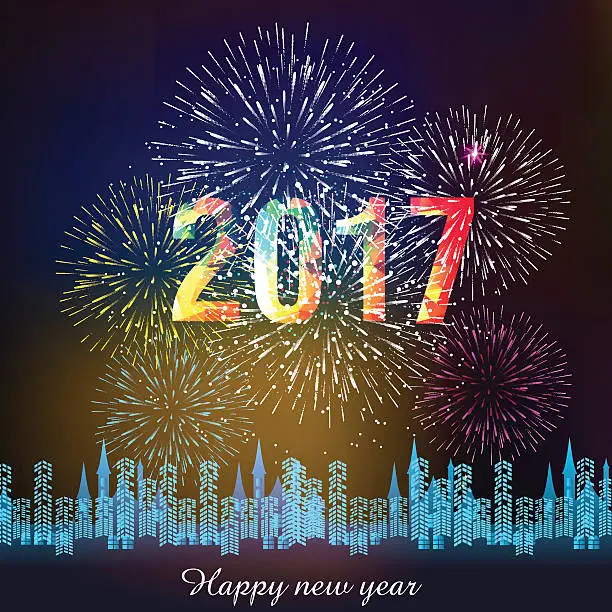 Vector illustration of fireworks display for happy new year 2017 above the city