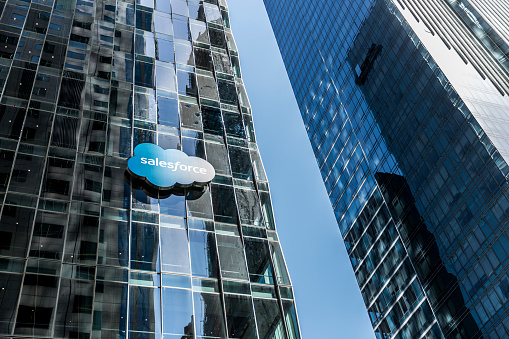 San Francisco, United States - September 14, 2016: Outside Salesforce in San Francisco, located at 50 Fremont St. Salesforce is an American cloud computing company with headquarters in San Francisco, California.