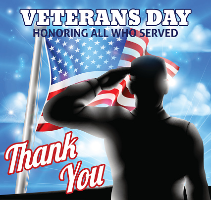 A Veterans Day design of a  silhouette saluting soldier and American Flag waving on a flagpole