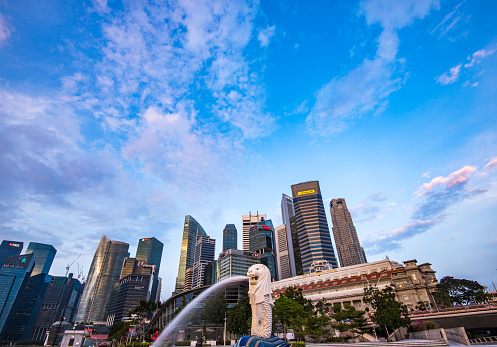 Singapore, Singapore - April 19, 2016: The Merlion is a traditional creature with a lion head and a body of a fish, seen as a symbol of Singapore.
