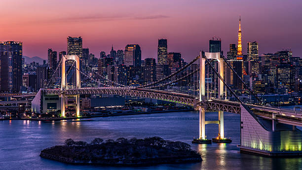 istock Rainbow bridge and Tokyo tower at dusk 606200264