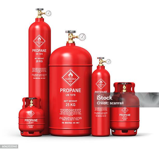 Set Of Different Liquefied Propane Industrial Gas Containers Stock Photo - Download Image Now