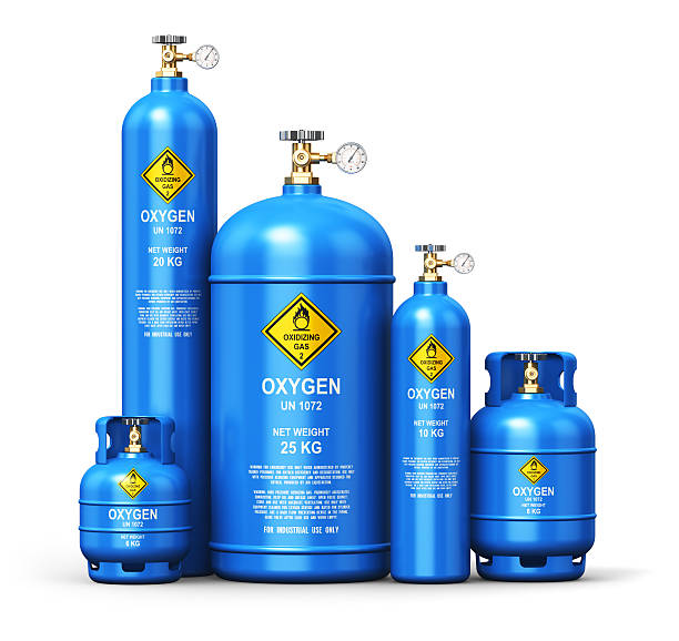Set of different liquefied oxygen industrial gas containers stock photo