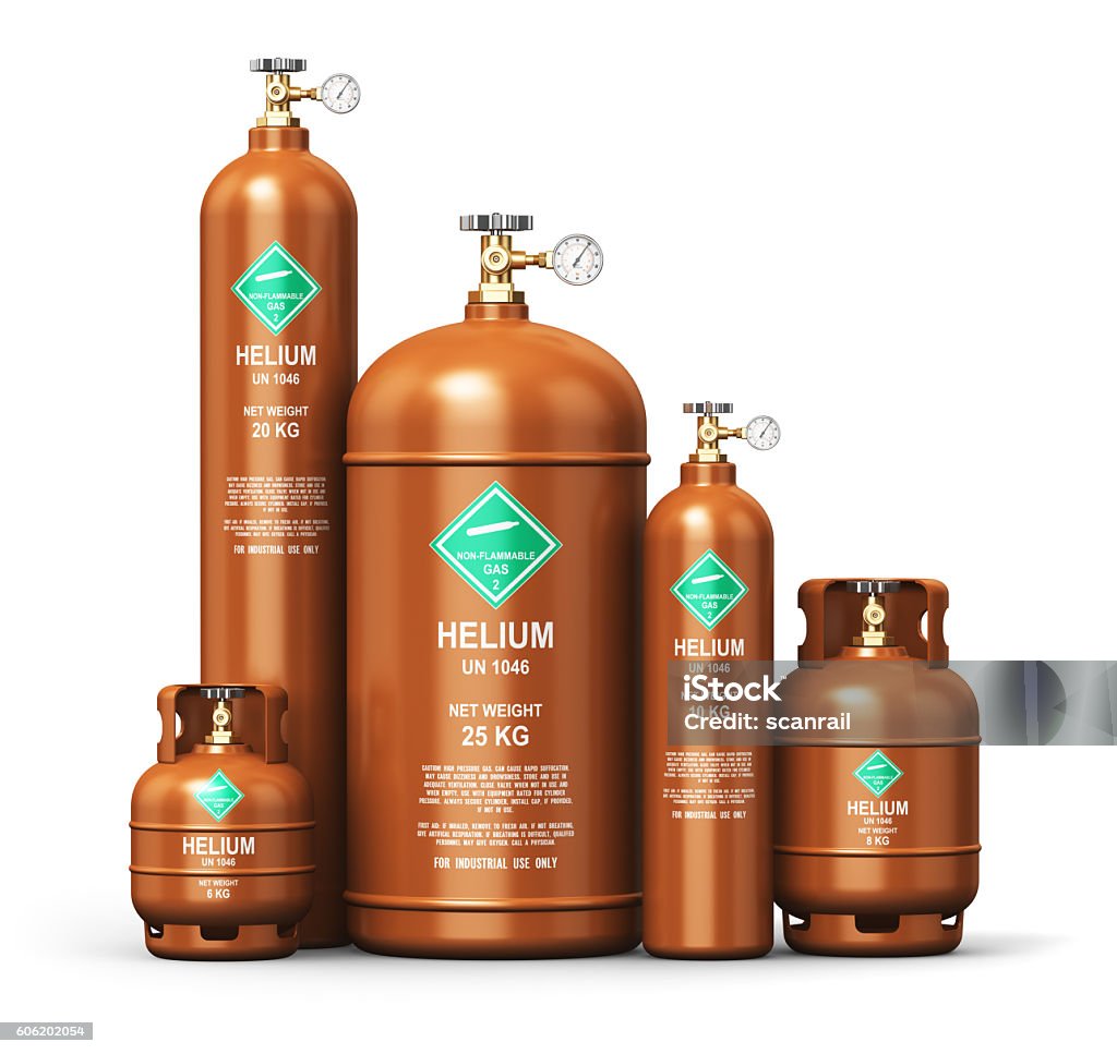 Set of different liquefied helium industrial gas containers Creative abstract fuel industry manufacturing business concept: 3D render illustration of the set of brown metal steel liquefied compressed natural helium gas containers or cylinders with high pressure gauge meters and valves isolated on white background Helium Stock Photo