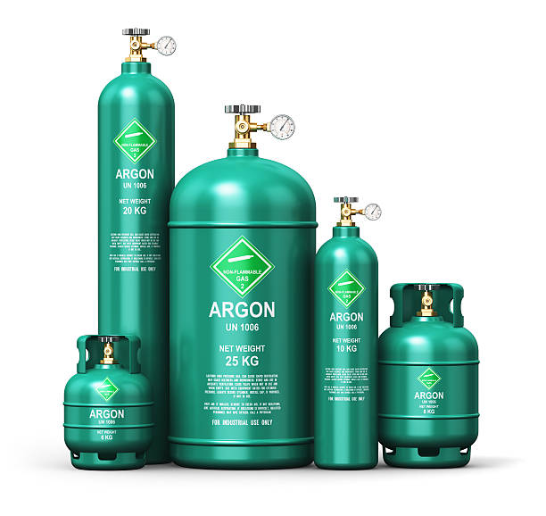 Set of different liquefied argon industrial gas containers stock photo