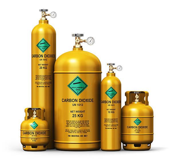 set of different liquefied carbon dioxide industrial gas containers - medidor co2 render imagens e fotografias de stock