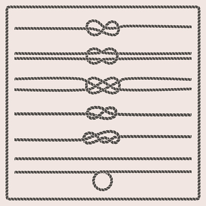 Rope knots collection. Rope swirls. Vector illustration. Marine rope knot. Vector Rope. Set of nautical rope knots, corners and frames. Decorative elements in nautical style.