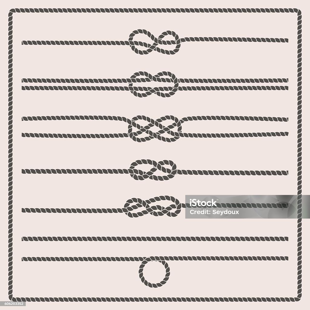 Rope knots vector illustration Rope knots collection. Rope swirls. Vector illustration. Marine rope knot. Vector Rope. Set of nautical rope knots, corners and frames. Decorative elements in nautical style. Rope stock vector