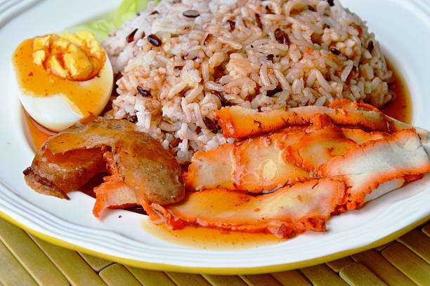 istock barbecued red pork dressing sweet sauce on brown rice 606204786