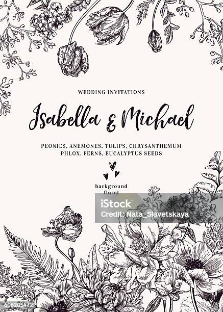 Wedding Invitation With Flowers Stock Illustration - Download Image Now - Flower, Old-fashioned, Retro Style