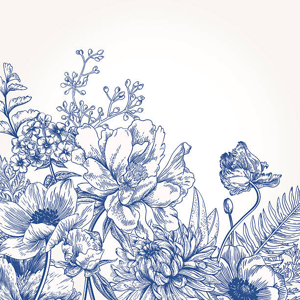 illustrations, cliparts, dessins animés et icônes de fond floral avec des fleurs. - bleu illustrations