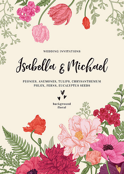 Wedding invitation with flowers. Vintage wedding invitation. Summer garden flowers. Peonies, anemones, tulips, phlox, chrysanthemum, ferns, eucalyptus seeds. Botanical illustration. Engraving. Vector. landscape design stock illustrations