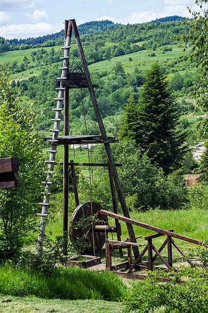 old oil derrick old fashioned wooden oil pump of 19th century at Schidnica, L'viv region, Ukraine obsolete dental drill old nobody stock pictures, royalty-free photos & images