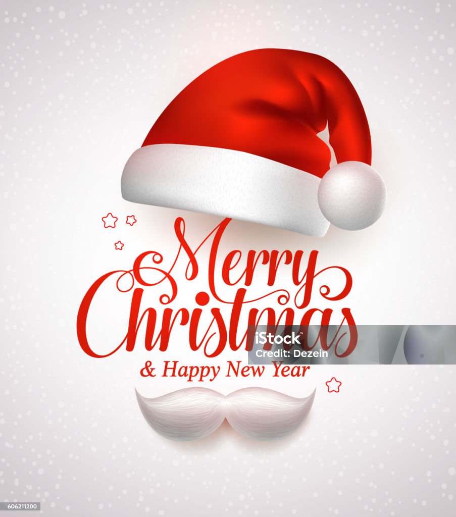 Merry christmas title typography vector concept in red with hat Merry christmas title typography vector concept in red with christmas hat and santa white beard in a white snow background. Vector illustration Christmas stock vector