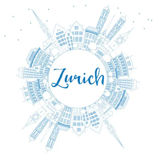 Vector illustration of Outline Zurich Skyline with Blue Buildings and Copy Space.