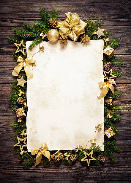Old paper bordering with christmas decoration Old paper bordering with christmas decoration on wooden background floral garland photos stock pictures, royalty-free photos & images