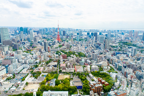Tokyo,Japan - May 25, 2015: View from above on Tokyo Tower with skyline in Japan from roppongi towers on cloudy day