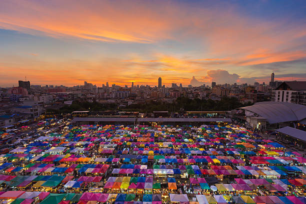 istock Top view multiple colours weekend market roof top 606215170