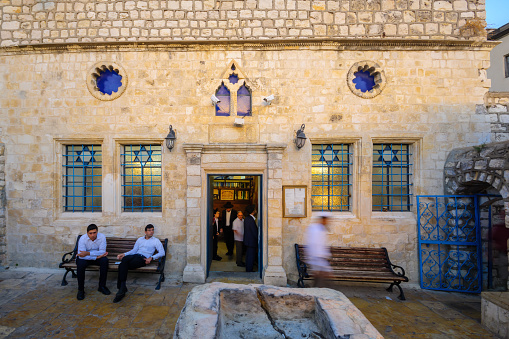 Safed, Israel - September 14, 2016: The Ashkenazi HaAri Synagogue, in the Jewish quarter, with prayers, in Safed (Tzfat), Israel