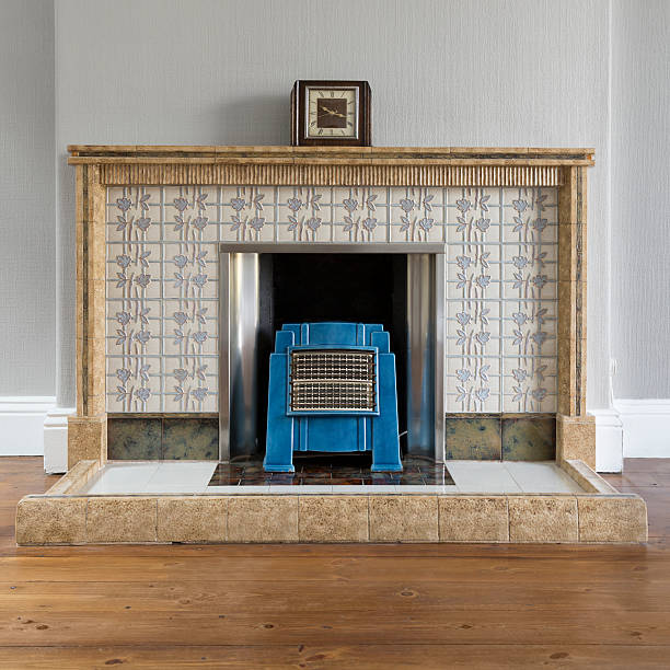 istock Art deco lounge details with fireplace, fire and clock 606216404