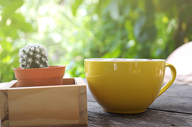 istock Good morning with Coffee in yellow cup and Cactus on 606216444