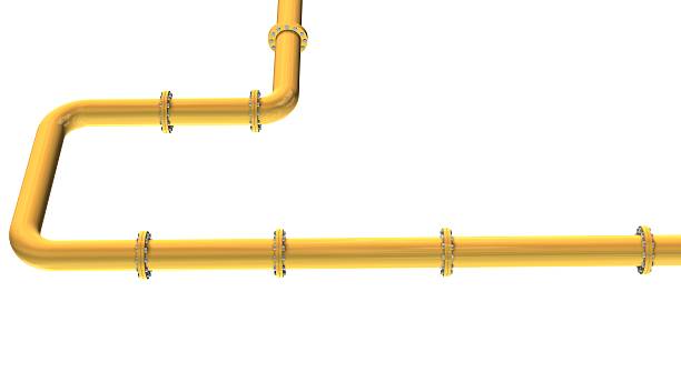 istock Yellow gas pipeline isolated on white 606217044
