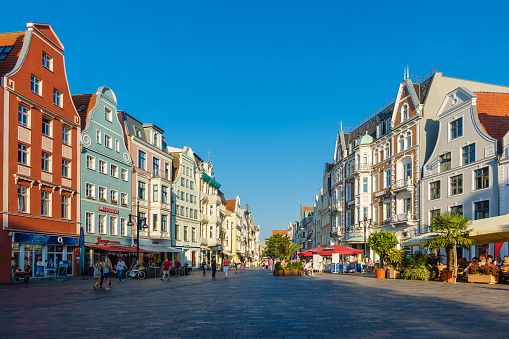 View to a shopping street in Rostock, Germany