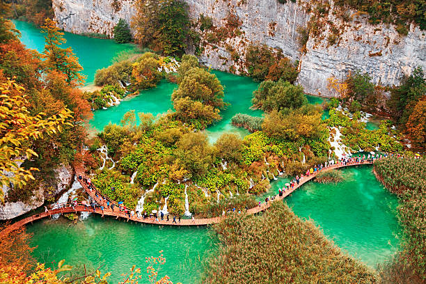 Autumn view of Plitvice Lakes, Croatia Autumn aerial view of Plitvice Lakes, Croatia plitvice lakes national park stock pictures, royalty-free photos & images