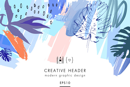 Creative universal floral header in tropical style. Modern graphic design. Hand Drawn textures. Ideal for web, card, poster, cover, invitation, brochure. Vector. Isolated.