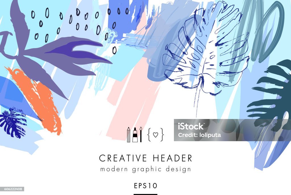 Creative universal floral header in tropical style. Creative universal floral header in tropical style. Modern graphic design. Hand Drawn textures. Ideal for web, card, poster, cover, invitation, brochure. Vector. Isolated. Flower stock vector