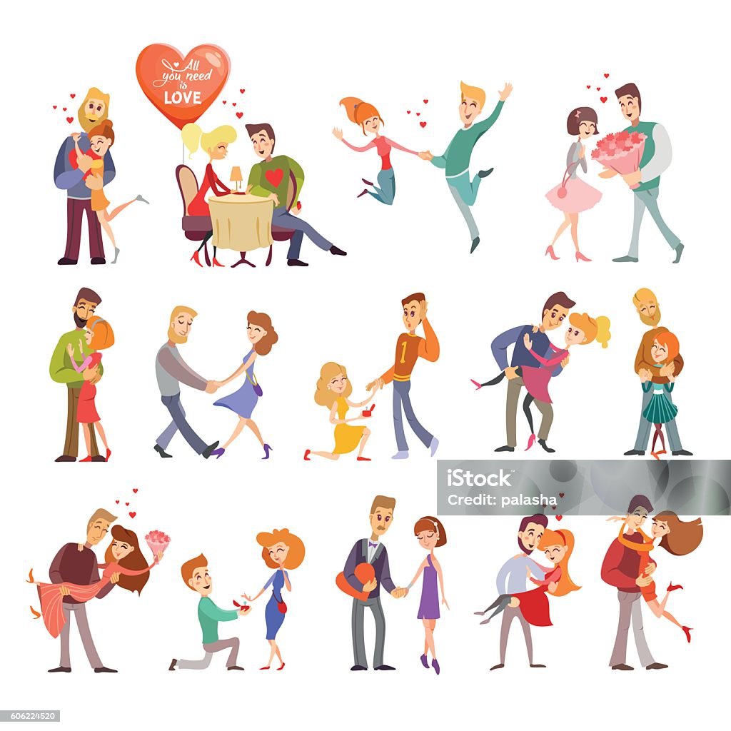 Collection of happy couple silhouettes icons Great set of happy cartoon couples in love.Happy lovers on date,at dinner,hugging,dancing. Valentine's Day - Holiday stock vector