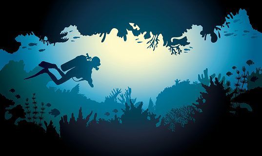 Underwater sea cave with scuba diver, coral reef and fish. Tropical vector illustration.