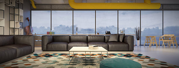 istock Living room with black leather sofa 606226706